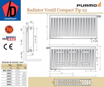 Calorifer otel Purmo Ventil CV 22/600/1600
